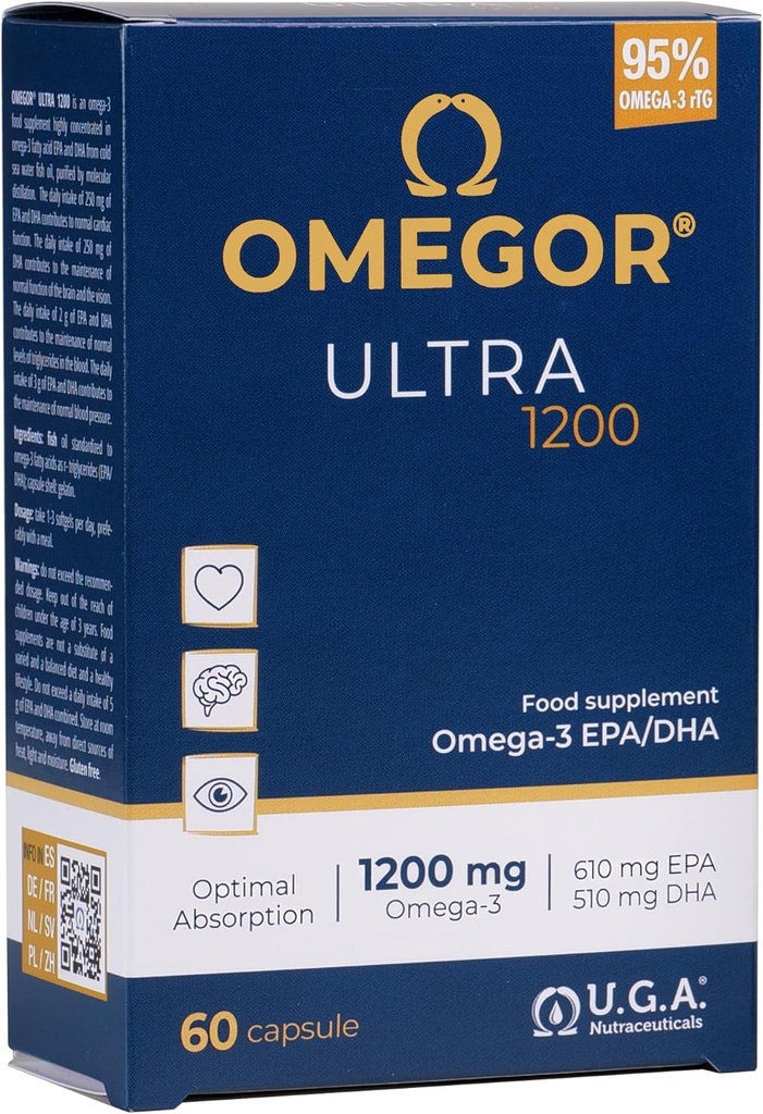 OMEGOR Omega 3 Fish Oil 1200mg Ultra - 610mg EPA dan 510 DHA Omega3 IFOS Sertifikasi - Bioavability Tinggi dan No Aftertaste (60 Caps)