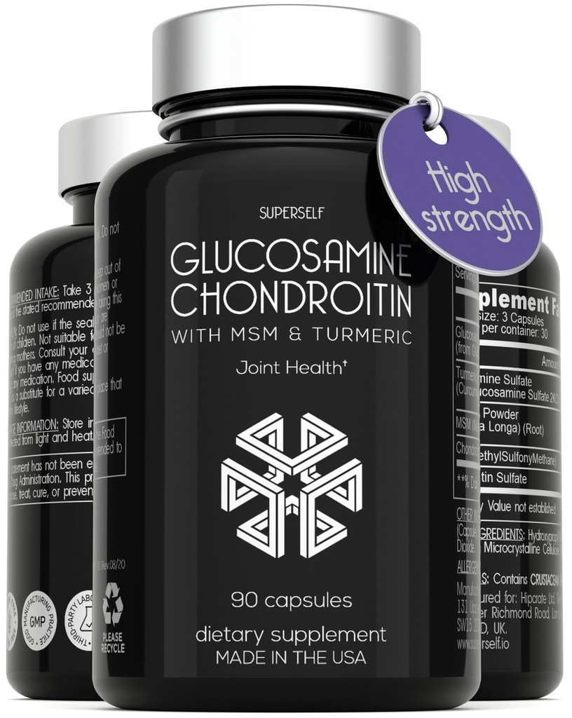 Glucosamin Chondroitin MSM dengan Turmeric - Perbaikan Dukungan Kekuatan Tinggi untuk Pria & Perempuan - 90 Capsules - 1500mg Glucotamine Sulstain per Serving