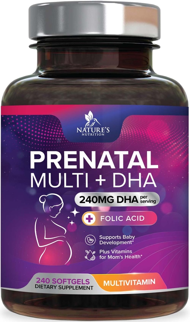 Prenatal Vitamin dengan Acid Folic & DHA, Pengembangan Otak Fetal & Omega 3, Prenatal Multivitamin untuk Perempuan, Vitamin A, C, D, B6, B12 & Iron, Pregnancy Tambahan - 240 Softgeels