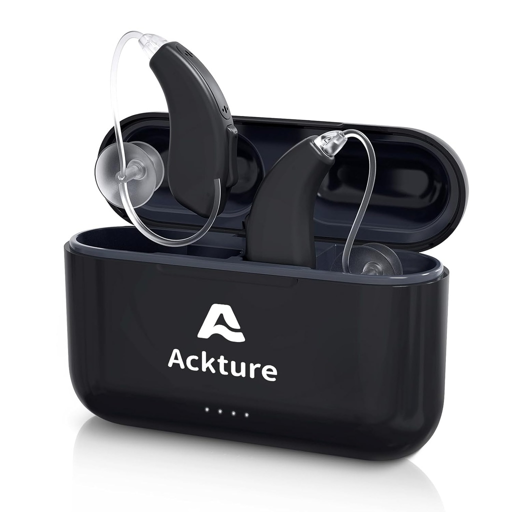 Hearing Aids, Rechargable Hearing Aid for Senior Dewata dengan Noise Cancelling, 16- Channel Digital Invisible Amplifier dengan Volume Control, Portable Charging Case, Black