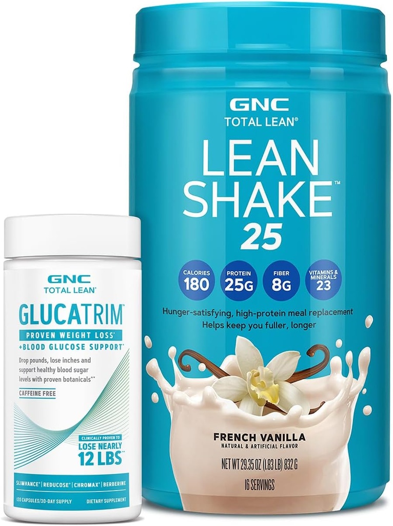 GNC Total Lean GlucaTrim - 120 Capsules (60 Servis) + GNC Total Lean 124; Lean Shake 25 Protein Poader 126; Tinggi-Protein Pengganti Meal Shake 124; French Vanilla 124; 16