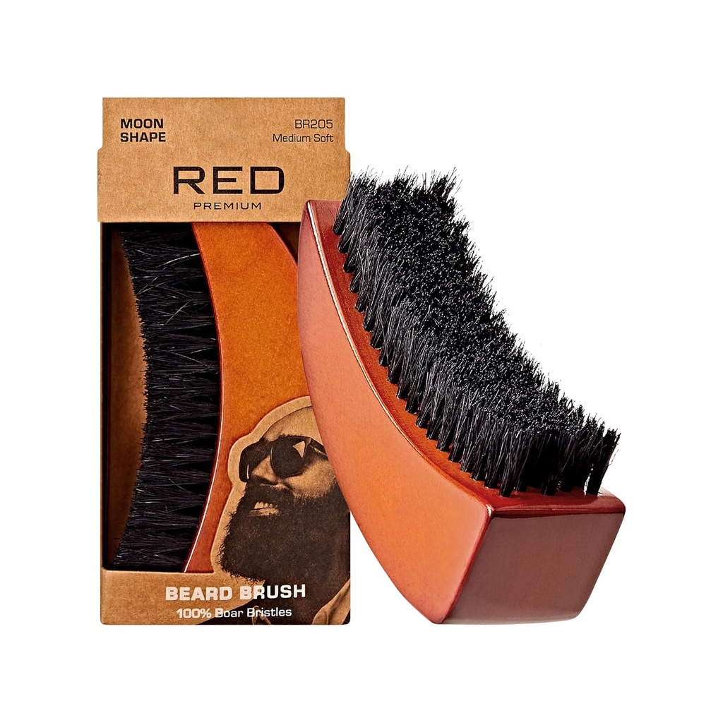RED by Kiss Beard Brush with 100% Natural Boar Bristles for Men, Premium Wooden Brush, Beards Constanches Grooming Shaving Comb, Tame and Stent Factual Hair (MOON SHAPE)