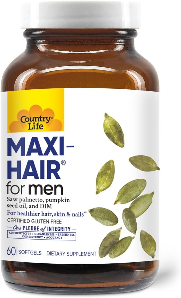 Country Life Max- Rambut untuk Pria - 2000mcg Biotin, Saw Palmetto, Pumpkin Seed Oil, DIM, Potasium, Magnesium, Calcium & Zinc Blend - Mendukung Rambut Healthy, Scalp, Skin & Nails, 60 Vegan Capsules