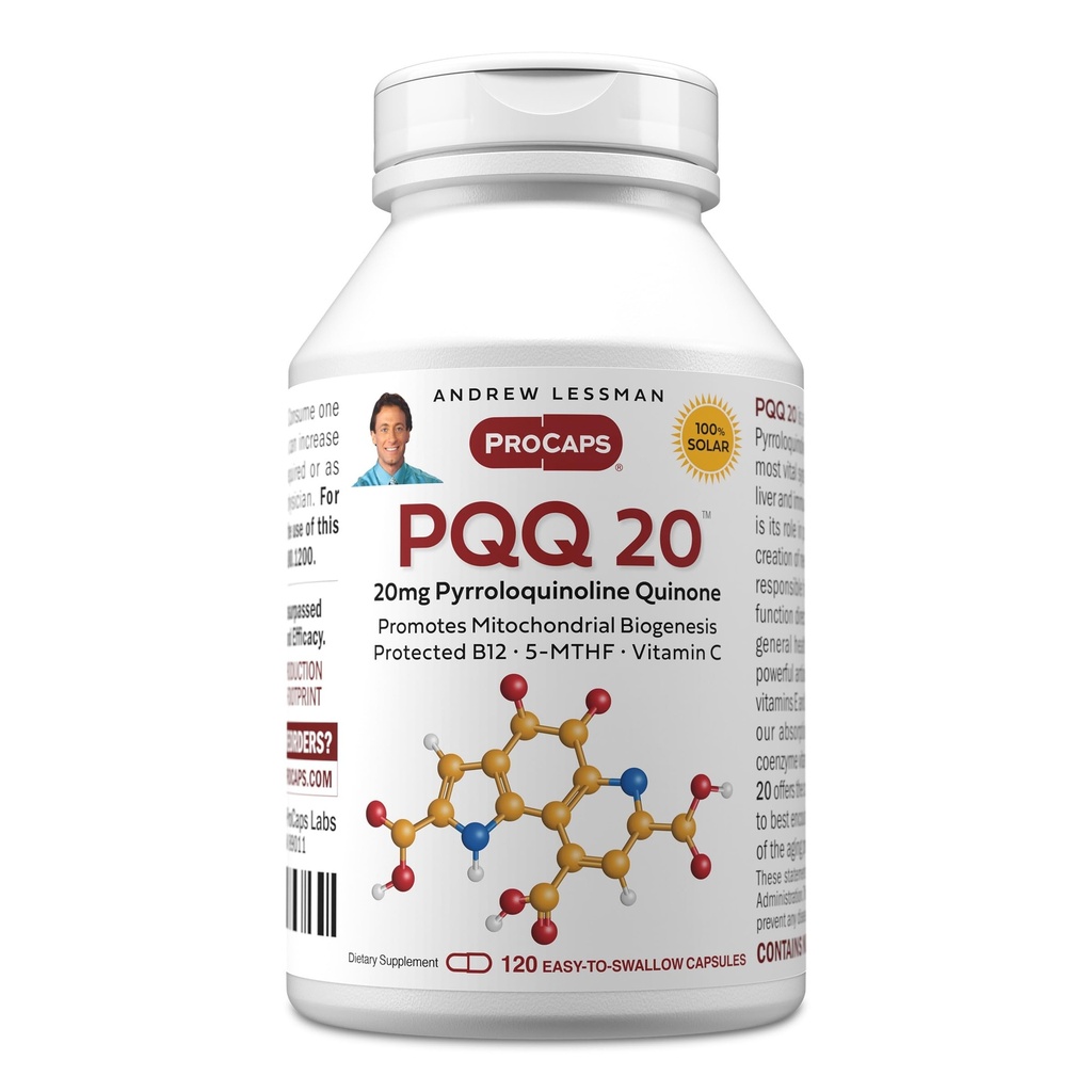 ANDREW LESSMAN PQQ 20mg - 120 Kapsul - 20mg Pyrroloquinoline Quinone, Natural Protective Compound Support Vital Organia, Heart, Brain, Liver, Immune System. Miokondrial Biogenesis, Tanpa Addonist