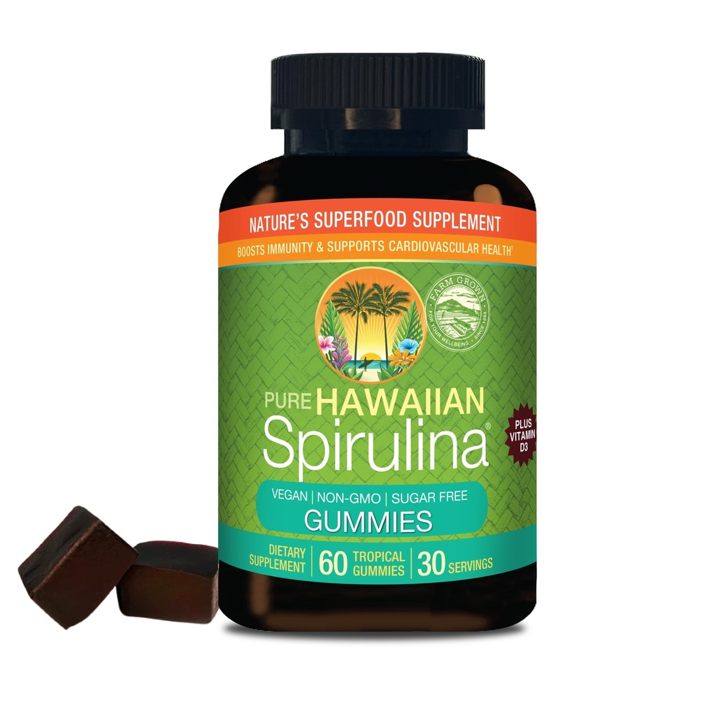 Nutrex Hawaii Spirulina 124; Tumbuh di luar Kona Hawaii 124; Suplemen Superfood Alam (60 Count, Gummy)