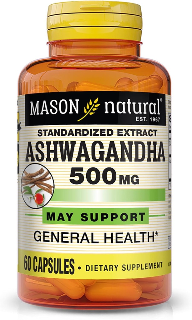 Mason Natural Ashwagandha 500 mg, Adaptogen untuk Dukungan Stress & Energy, Suplemen Herbal, Suppply 60 Day