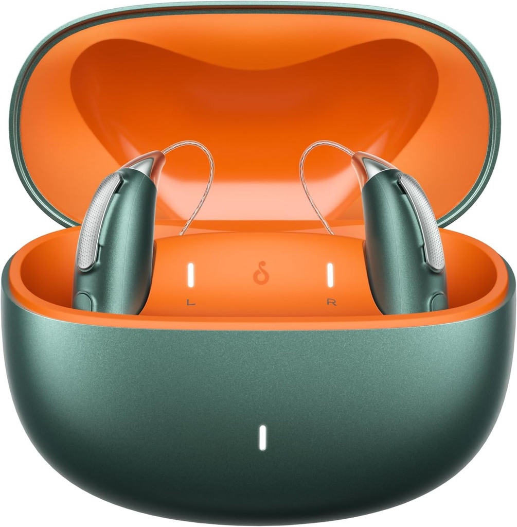 Rechargable Bluetooth Aids for Mild to PURE Hearing Loss - OTC - Smart Fitting - RIC (Receverin- Canal) Design with Noise Reduction - Includes Charging Box, Green