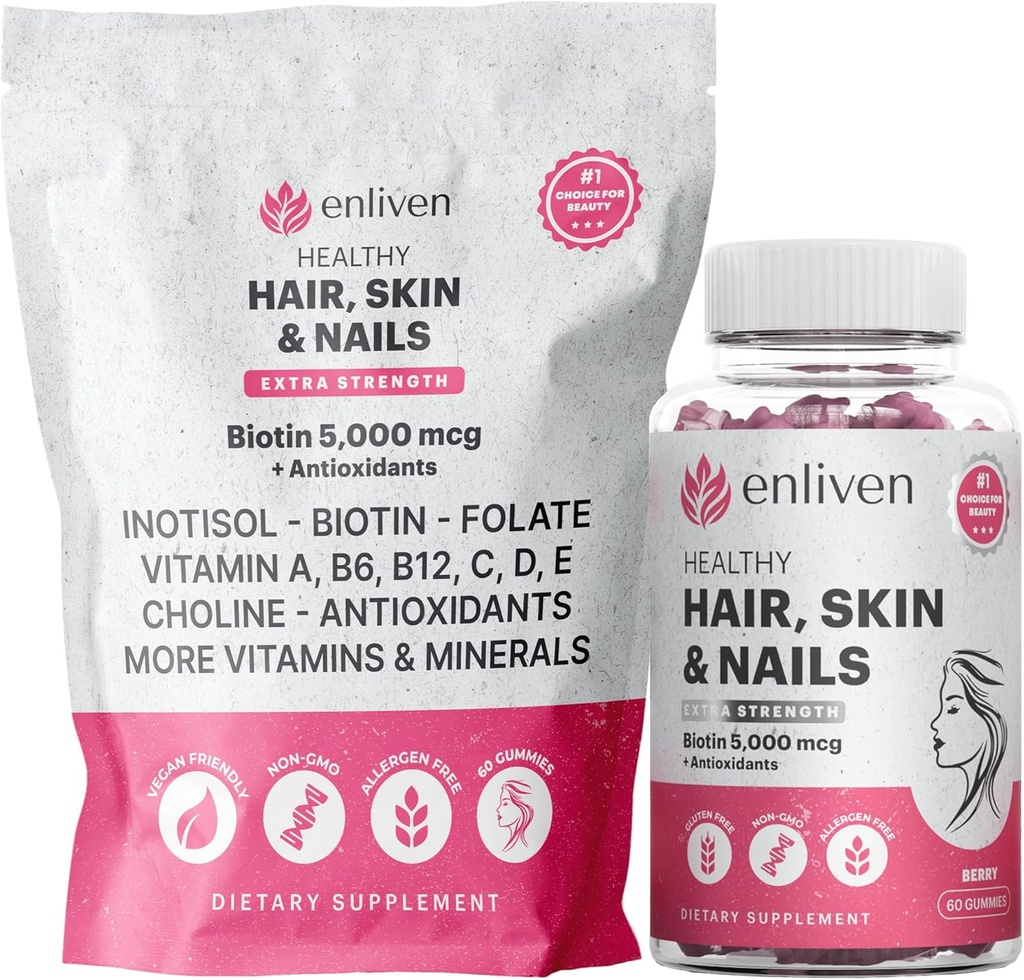 enliven Biotin Gummies for Hair Growth Nails & Strong 124; 5000mcg Biotin + Inositol, Collagen Dukung 12.4; Skin Care Vitamin for Women & Men 124; Berry Flavor 124; Segan Hair Skin Nail Supplemen