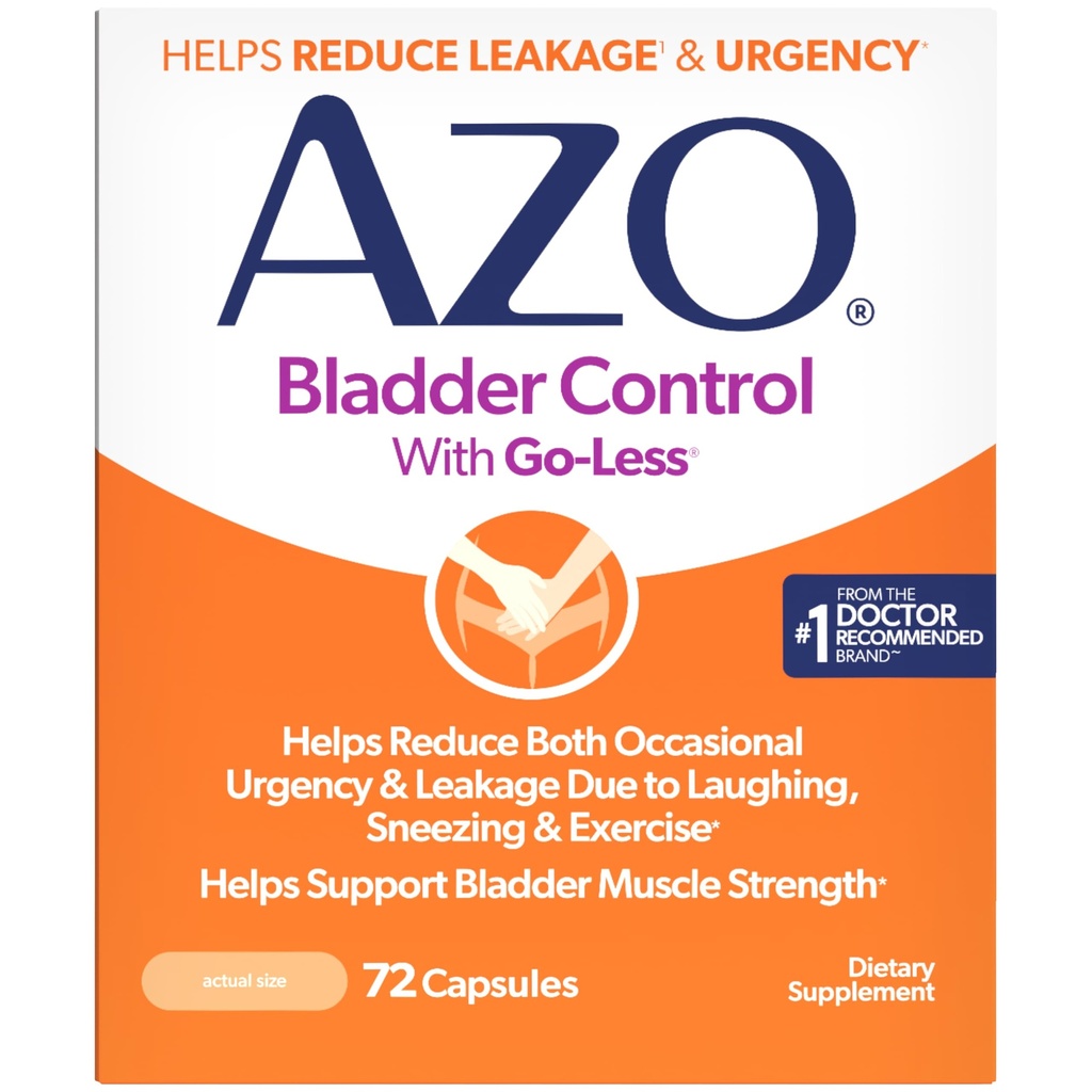 AZO Bladder Control dengan Go-Less Daily Suppplement Hobles 124; Membantu Mengurangi Keadaan Darurat, kebocoran karena tertawa, bersin dan olahraga 124; 72 Kapsul
