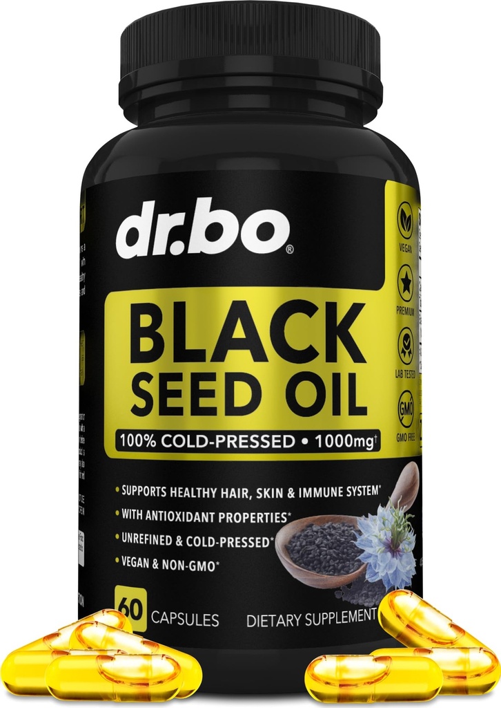 Black Seed Oil Capsules Vegan - Pure Cold Menekan Minyak Benih Hitam Nigella Sativa Cumin untuk Skin & Hair Kesehatan, 500mg, 1000mg Per 2 Capsule Serving Liquid Blackseed Halal - 60 Softgels Pills