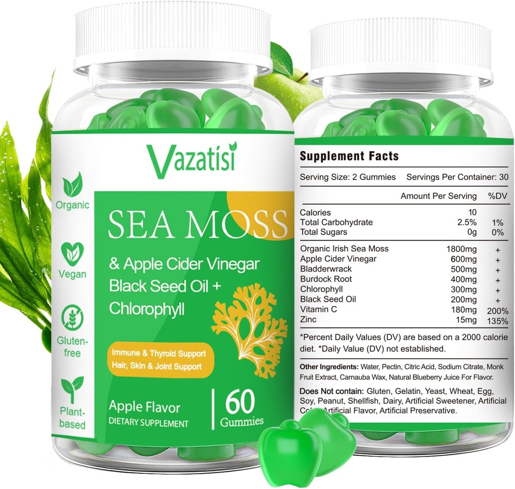 2 Pack Organic Sea Moss Gummies with Black Seed Oil, Chlorophill - Thlorroid, Mood, Energy & Imune Duque - Women & Men & Kid - 120 Vegan Gummies