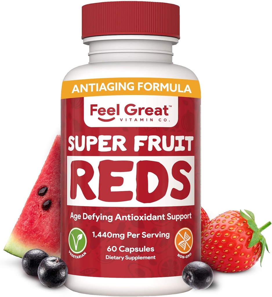Feel Great Vitamin Superfruit Reds - Antioxidant Superfood with Polyphenols for Anti- Aging & Imune Support - Acai, Mangosteen, Pomegranate, Blueberry & Much More - 60 Capsules