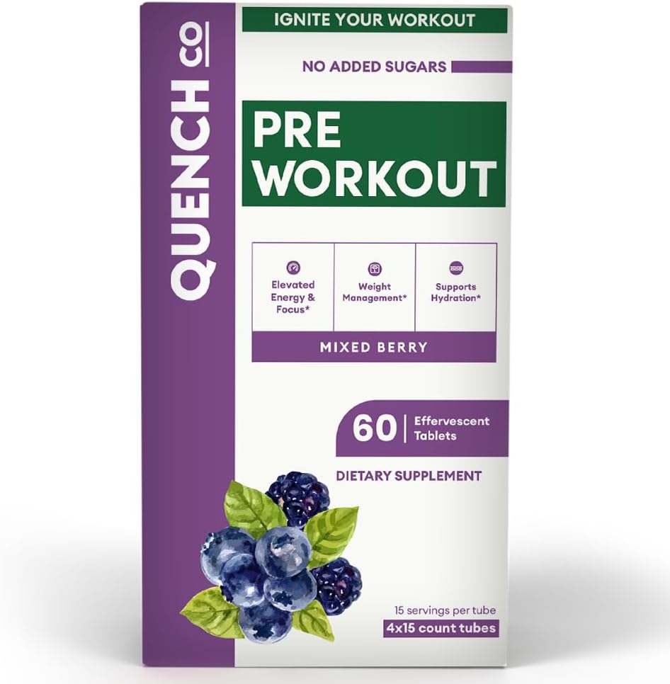 Quench Pre Workout for Men & Women Effervescent Tablet - Boosts Energy & Focus with L-Arginine, Natural Caffeine - Support Weight Management & Hydration - Vegan, Keto, Soy- Free 60 Count
