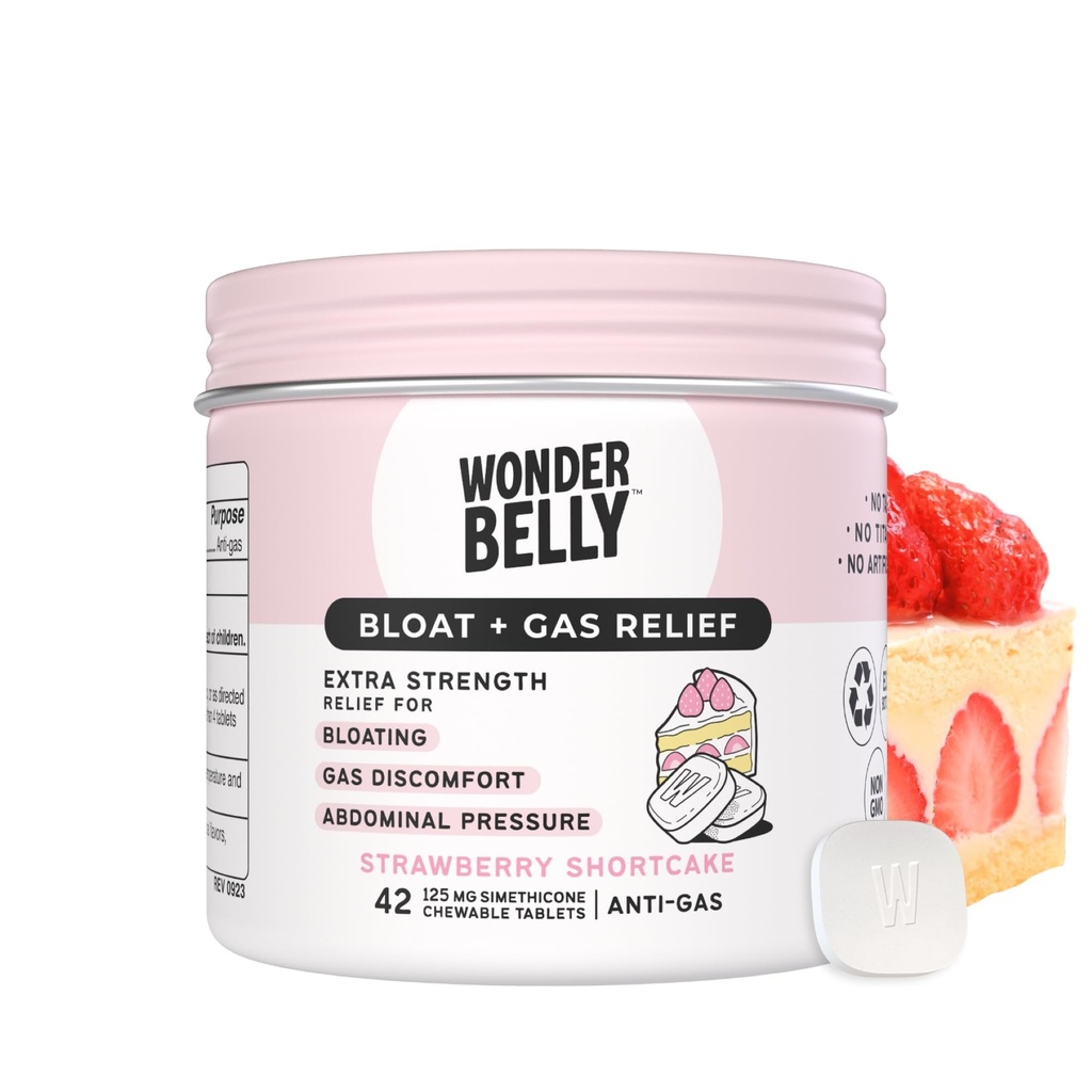 Wonderbelly Bloat + Gas Relief, Extra Power Chewable Tablet, dengan 125 mg Simethicon, No Talc or Dye, Strawberry Shortcake, 42 Count