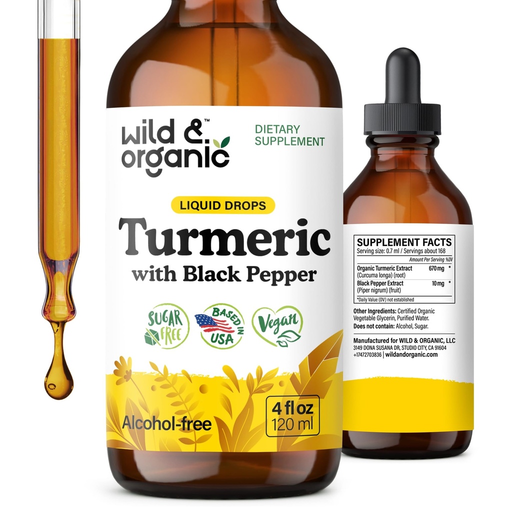 Wild & Organic Turmeric Tincture - Curcumin Turmeric dengan Ekstrak Pepper Hitam - Dukungan Mobility - Curcumin Root Liquid Drops - Vegan, Sugar & Alcohol- Free - 4 fl oz