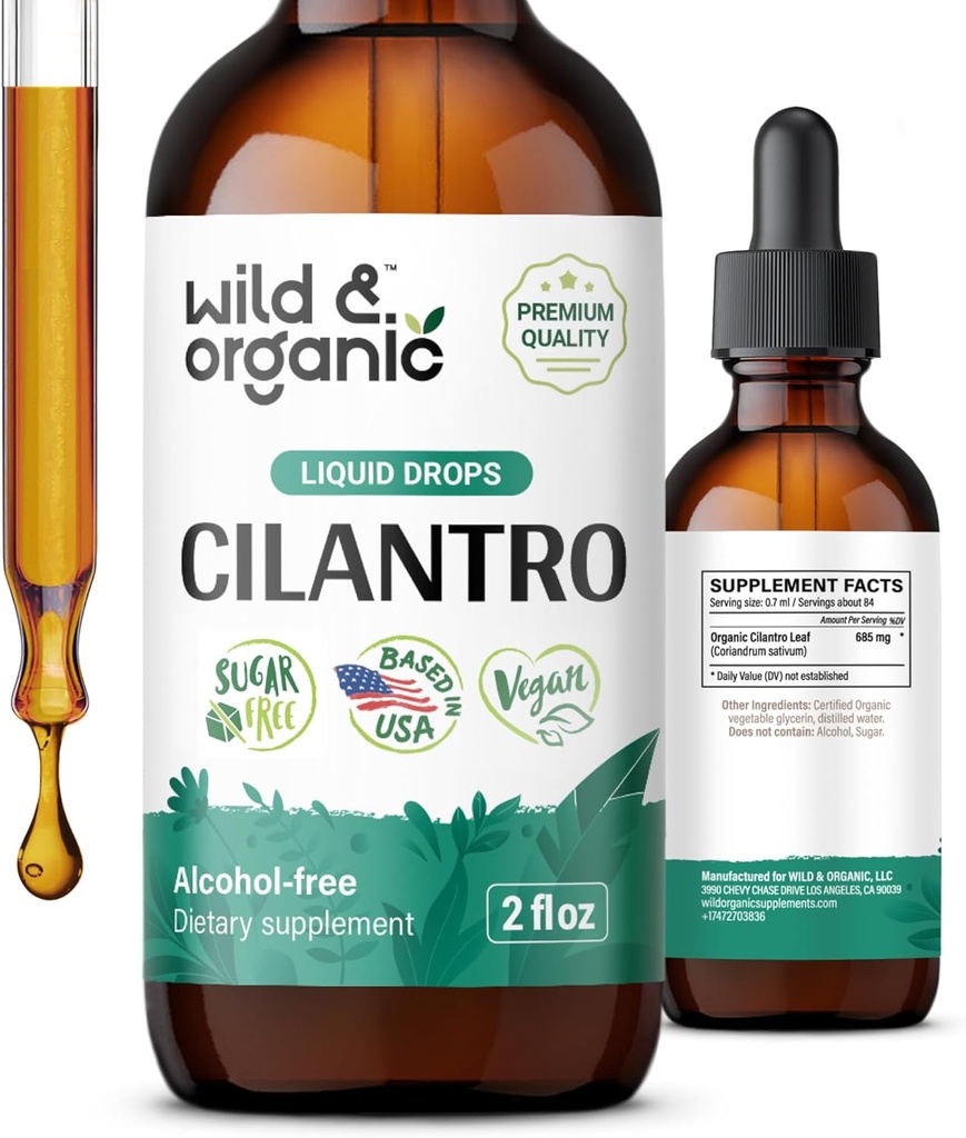 Wild & Organic Cilantro Drops - Detox Cleanse with Liquid Cilantro Suplemen - Coriander Leaf Extract Tincture - Vegan, Sugar & Alcohol- Free - 2 fid oz