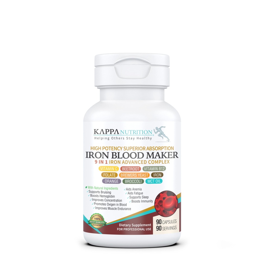 KAPPA NUTRITITSI Iron 26mg, Vitamin C & Orange 150mg, Folate 667mcg DFE, Vitamin B12, Beetroot, Brewer Yeast, Brocoli & MCT Oil 9 di Kompleks 1 Advanced (90 Capsules)