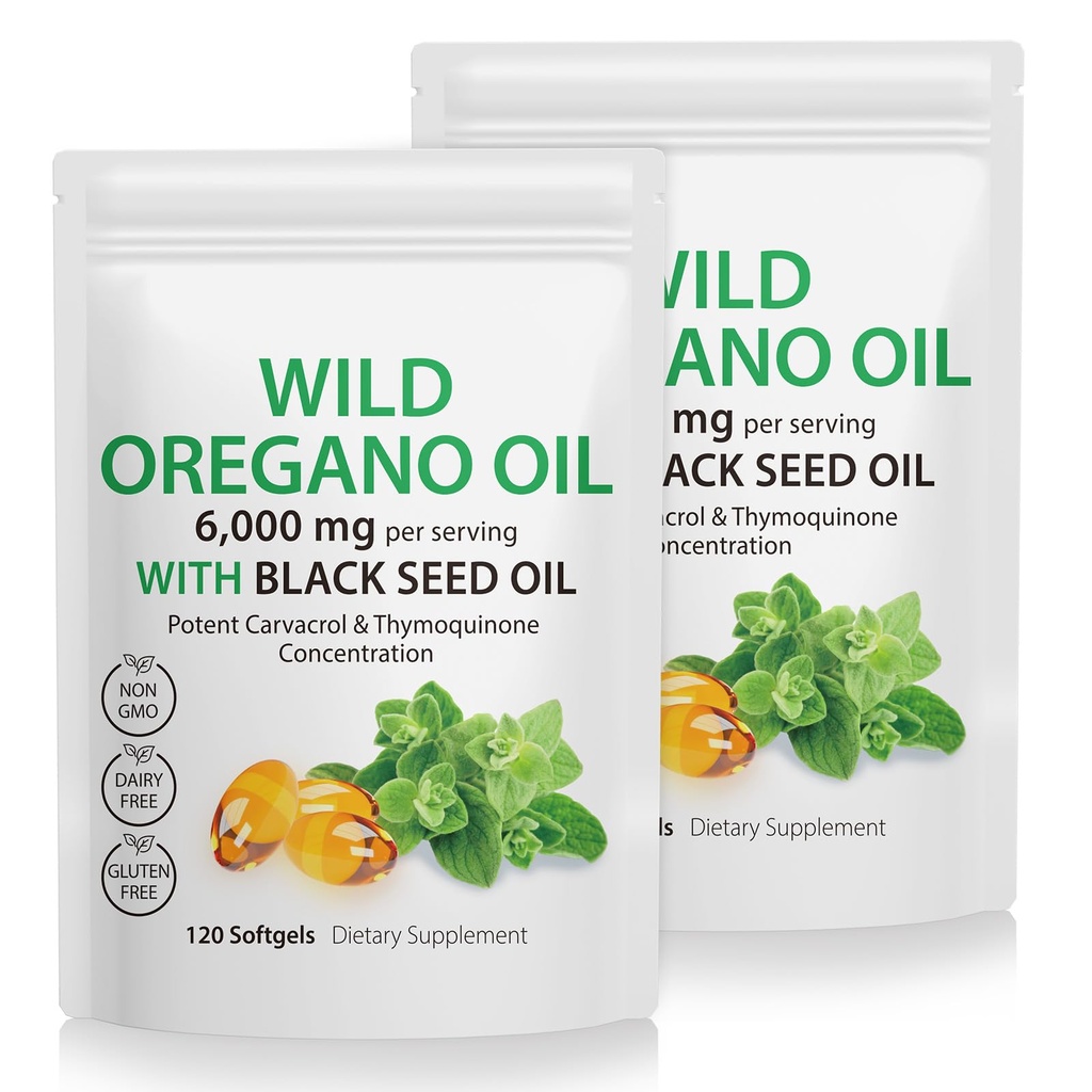 Oregano Oil Capsules, 240 Softgeels, 2 in 1 6000mg Wild Oregano Oil dengan persediaan Benih Hitam 200mg - 4X Kekuatan Carvacrol & Thymoquinone, Gluten Free & Nor-GMO