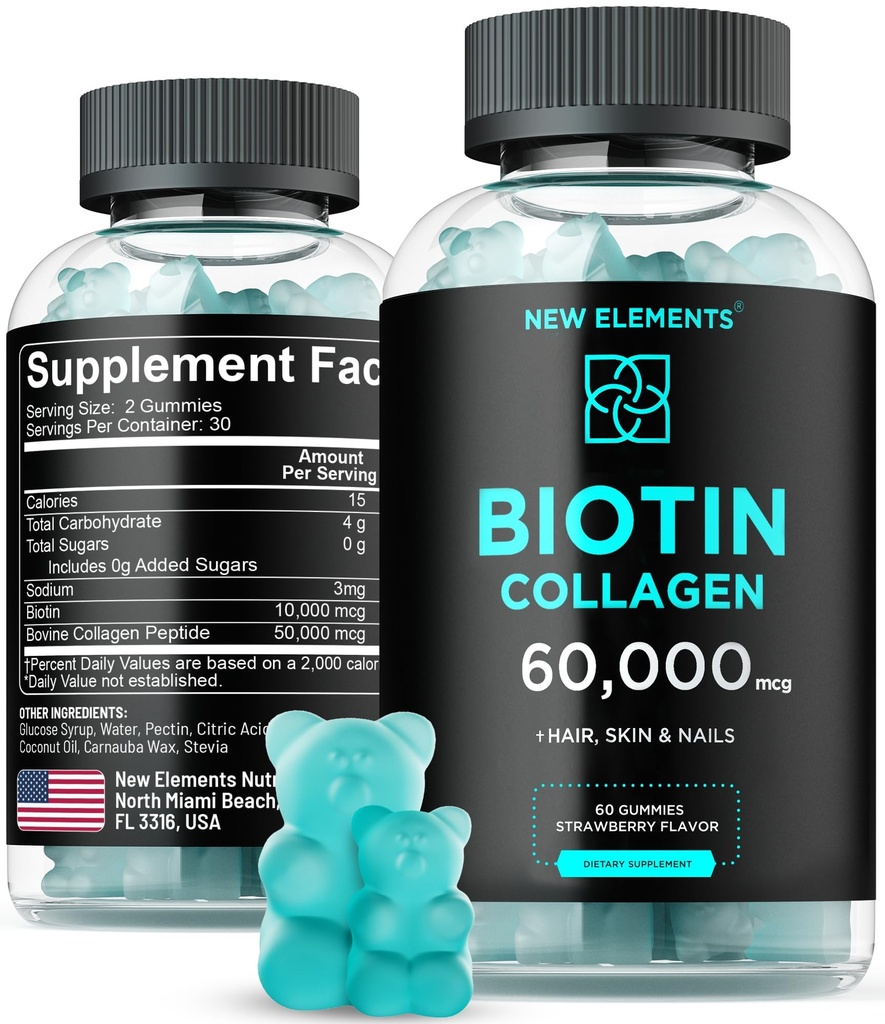 Biotin & Collagen Peptides Gummies - 50.000mcg Collagen + 100,0mcg Biotin 14; Hair, Skin & Nails Dukungan bagi Pria & Perempuan; Perkembangan Rambut, Glowing Skin & Strong Nails Kuat 124; Noth -GMO, Chewable, Great- Tasting