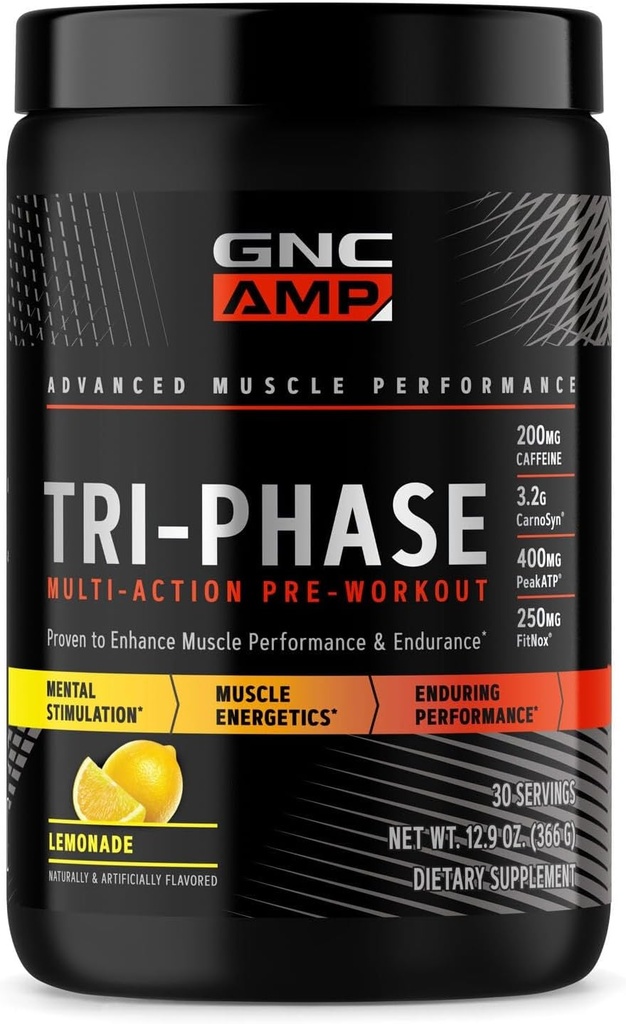 GNC AMP Tri- Tahap Multi- Action Pre-Workout - Lemonade (30 Hamba)