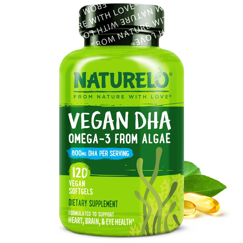 NATURELO Vegan DHA - Omega 3 Oil dari Algae - Suplemen untuk Otak, Hati, Bersama-sama, Mata Kesehatan - Menyediakan EstiventFatty Acids untuk Perempuan Pria dan Anak - Kompleks Prenatal Vitamin - 120 Softgels
