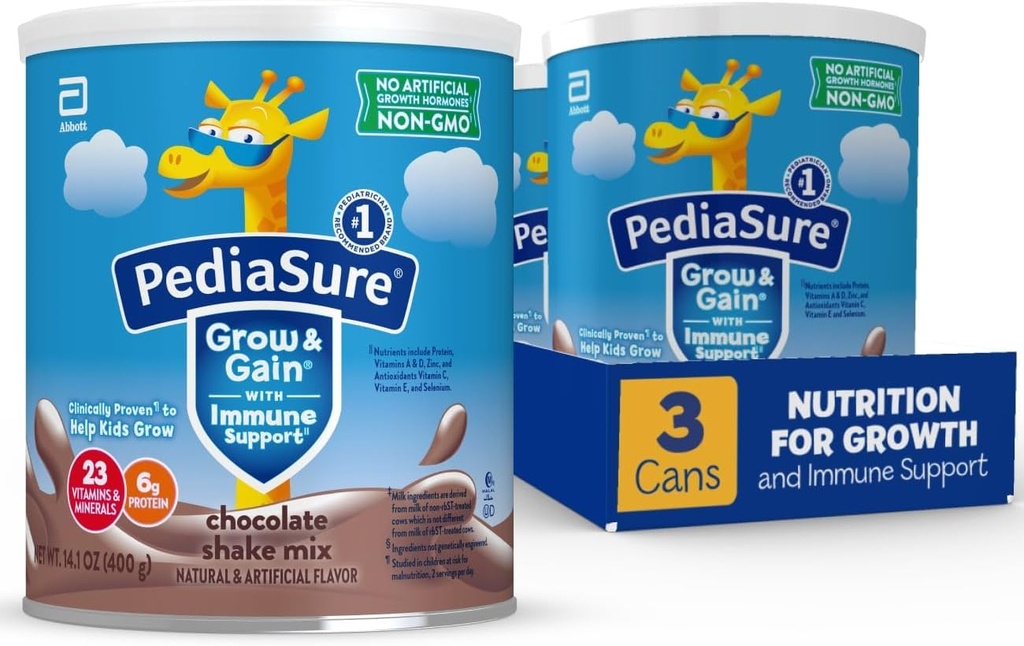 PediaSure Grow & Gain dengan dukungan Imune Shake Mix Powder, 23 Vitamin & Mineral, 6g Protein, Non-GMO, Gluten- Free, Chocolate, 14.1 Oz Can, Paket 324 porsi