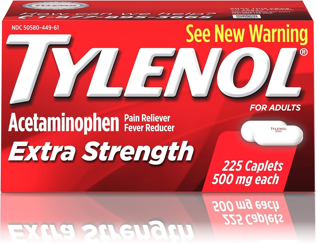 Tylenol Extra Strength Caplets with 500 mg Acetaminofhen, Pain Reliever & Fever Reducer, For Headache, Bacache & Menstrual Pain Relief, 225 ct