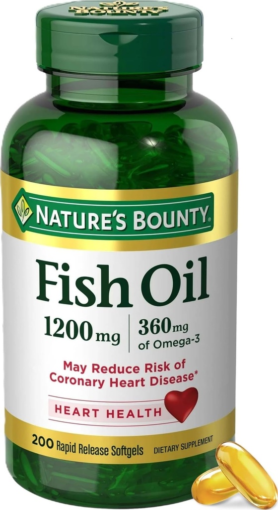 Suplemen Nature 's Bounty Oil Omega 3 - Supports Heart Health, 1200 Mg Fish Oil, Omega-3, 200 Softgels (Paket 1)
