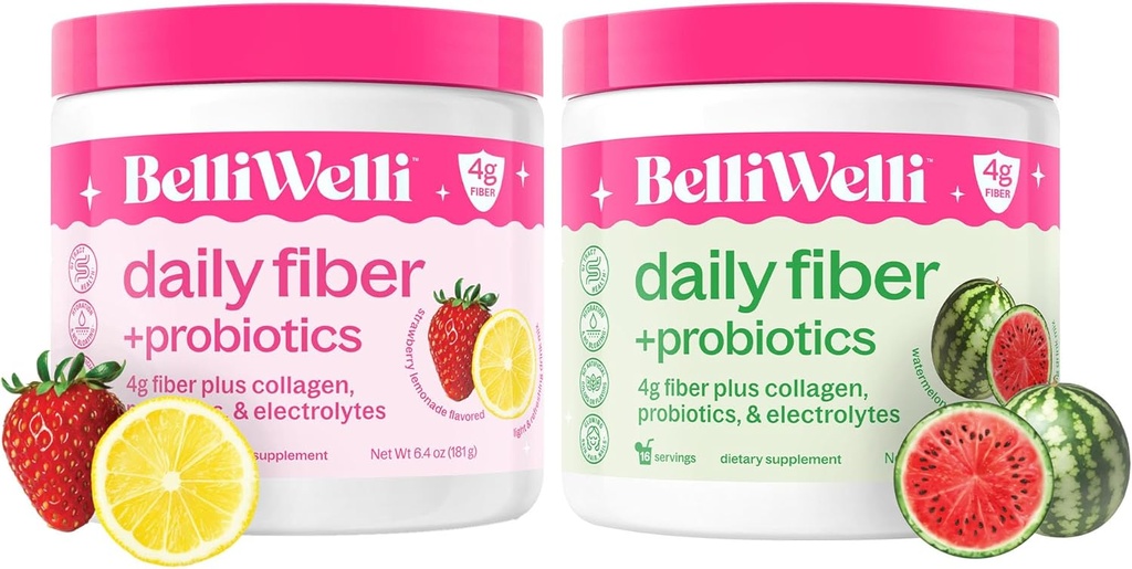 Belli Welli Daily Fiber Supplement Bundle - Strawberry Lemonade & Watermelon - Collagen, Propoles & Electrolytes for Balanced Wellness - Menyegarkan Flavors, 32 Servors