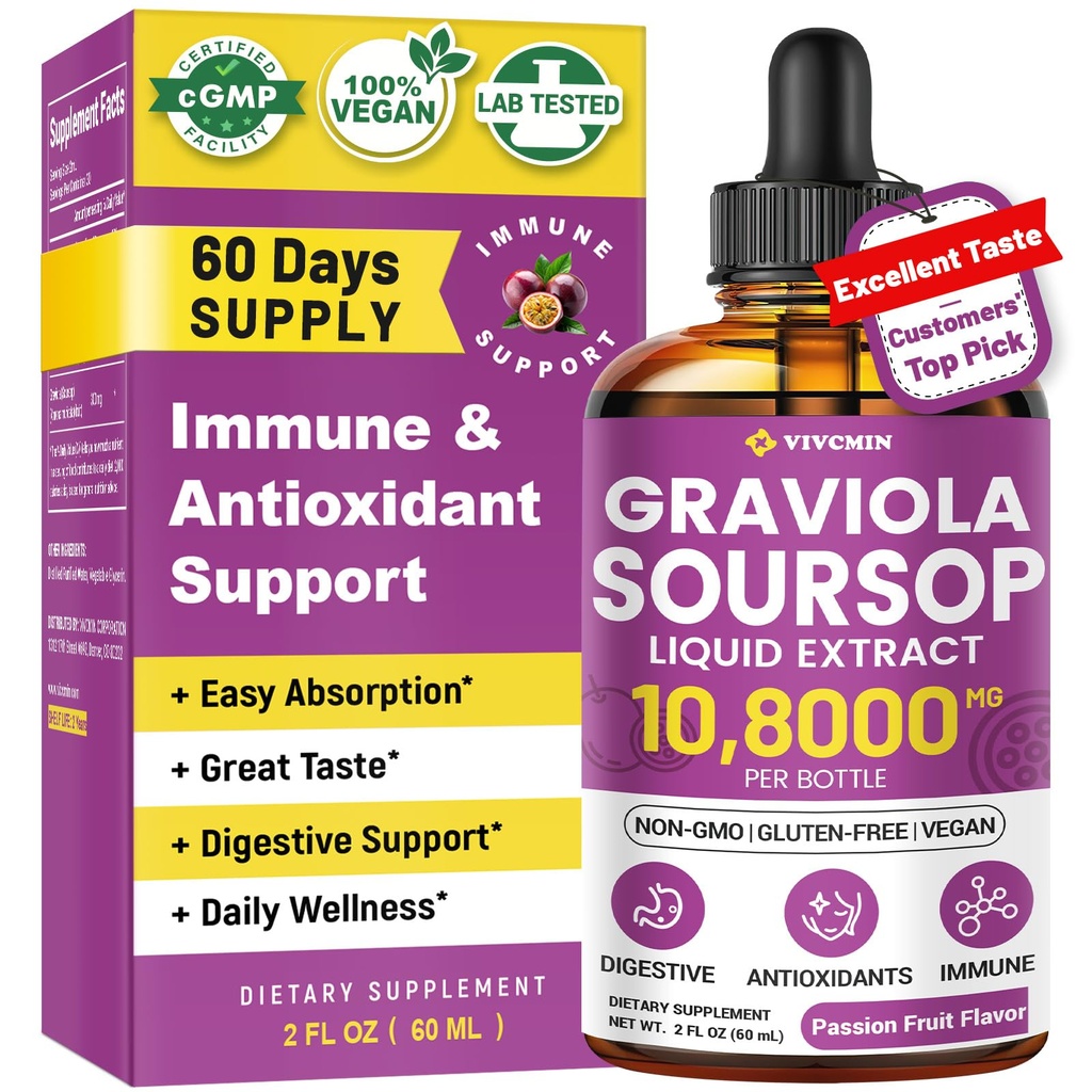 Liquid Graviola Soursop Extract - Soursop Bitters, Dukung Imune, Relax, Liver and Sleep, Sugar & Alcohol-Free, Sangat Absorbable Formula, Passion Fruit Flavor, 2 Fl Oz