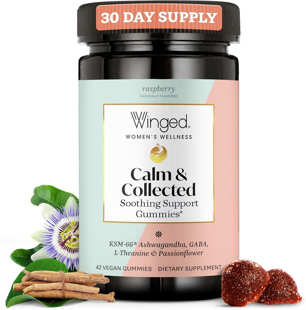 Winged Wellness Calm & Collected, Stress Relief Gummies - Stress Support with KSM-66 Ashwagandha, L- Theanine, GABA & Passionflower - Vegan & Gluten- Free Gummy - Raspberry, 42 Count