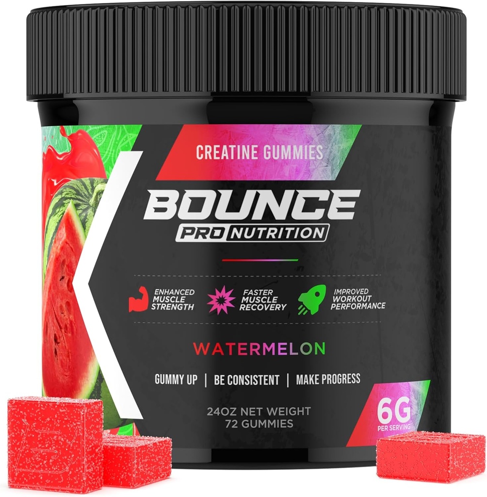 Bounce Pro Creatine Monohydrate Gummies for Men & Women, Low Calorie, 6G of Creatine per Serving, Vegan, Anti- Melting, Gluten- Free, Non-GMO, 2g Creatine per Gummy (72ct, Watermelon)