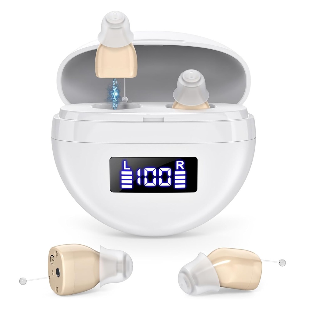 Digital Rechargable Hearing Aids for Seniors, Intelligent Noise Cancelling Hearing amplifiers for Adustles, Nmost Invisible Power Show Charging Case.