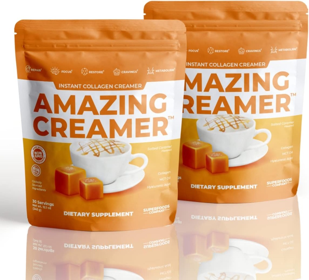 Perusahaan Superfood Amazing Creamer dengan Collagen - Keto Creating - Hyaluronic Acid & MCT Oil - Brain Boost & Curbs Crauges - Dupport Heally Skin & Hair - Diet- Friendly [60 Servings] [Salted Caramel]