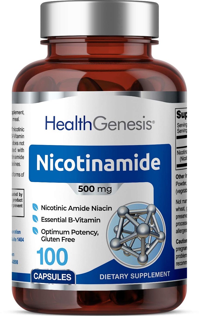 B-3 Nicotinamide 500 mg 100 Caps - NicotNic Amide Niacin Natural Flush- Free Vitamin Formula - Mendukung Kesehatan Sel Skin