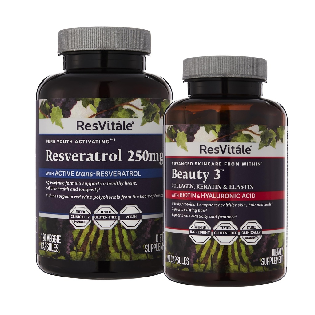 ResVitale Beauty 3 - Skin Care Suplemen dengan Collagen, Keratin & Elastin - 90 Capsules & Resveratrol 250 mg - Reveratrol Tambahan Pria dan Wanita - 120 Vevgie Capsules