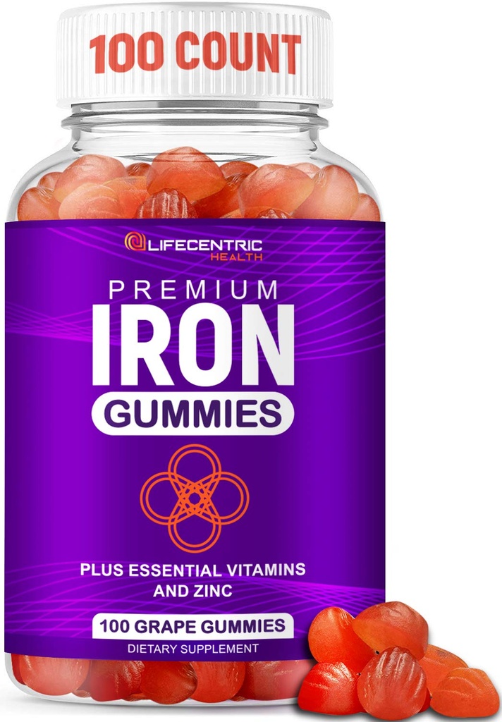 LifeCentricHealth Iron Gummies for Orang Dewasa & Anak-anak; Biotin Zinc Vitamin B Folic Acies