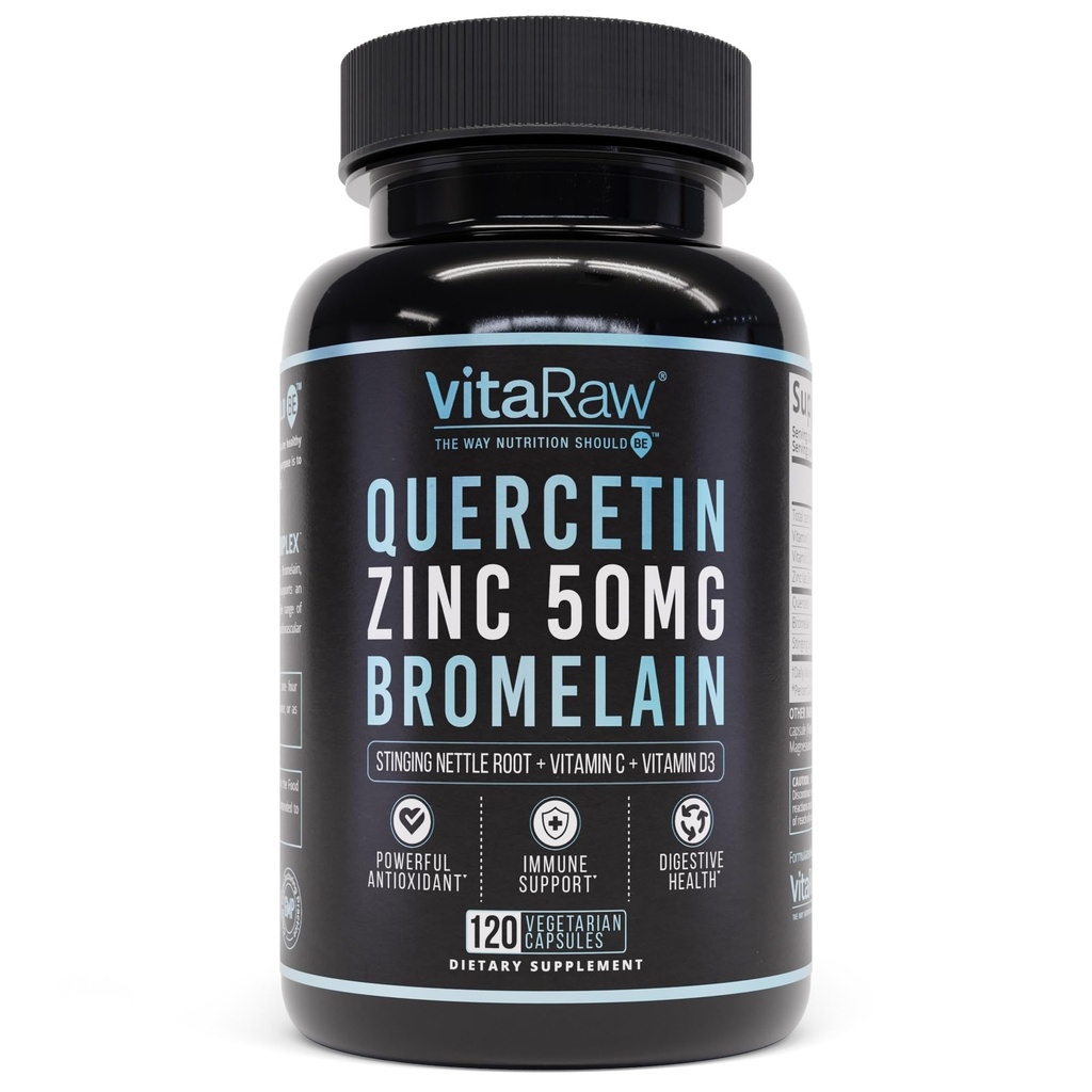 Quercetin dengan Bromelain 500mg Capsules, Support Immune Response, Comfort Bersama, & Overall Wellness - Vitamin C, Zinc 50mg, & Vitamin D3 5000 IU