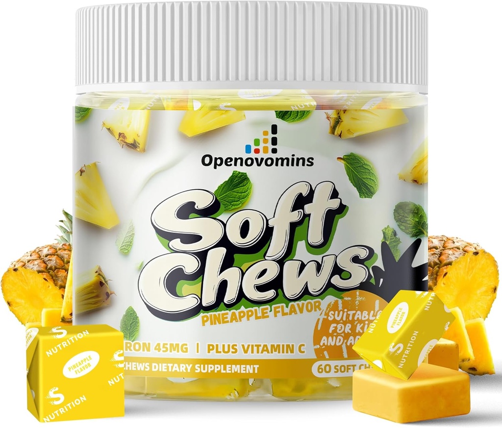 Tambahan Besi Mengunyah dengan Vitamin C untuk Perempuan Pria dan Anak-Anak, Saus Lembut Natural Vegan Besi dengan Vitamin B6, B12, D, Calcium & Zinc - Dukungan Energi, 60 Pineapple SoftChews, 2 Bulan Suply