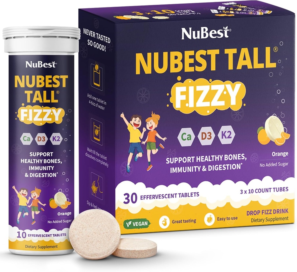 NuBest Tall Fizzy - Bone Energy, Imunity, Digetical Health for Kids Age Age 4 + Teens 124; Probiotic, Calcium, Magnesium dari Algae Marine Merah, Vitamin 12430 Orange Effervescent Tablet 128; Paket 3