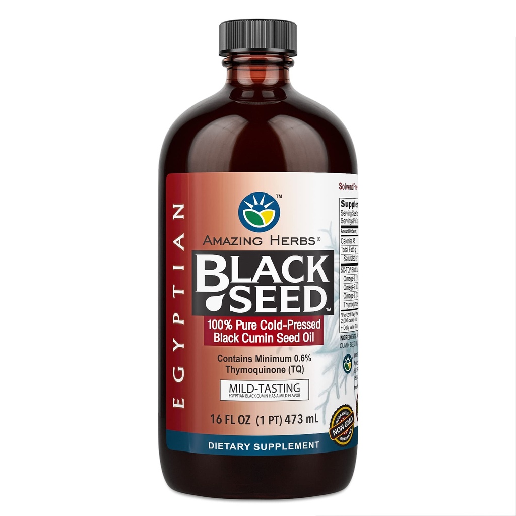 Luar biasa Herbs Minyak Benih Hitam Mesir - Gluten Bebas, Non GMO, Dingin Menekan Nigella Sativa Aids dalam Kesehatan Digetical, Dukungan Imune, Fungsi Otak, Mild Flavor - 16 Fl Oz