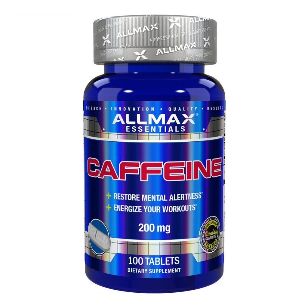 Pil Kafein Nutrition ALLMAX, Pil Energi Tertahan & Pra - Fokus Mental Kerja, Penyelubung Cepat & Vegan, 200 mg, 100 Tablet