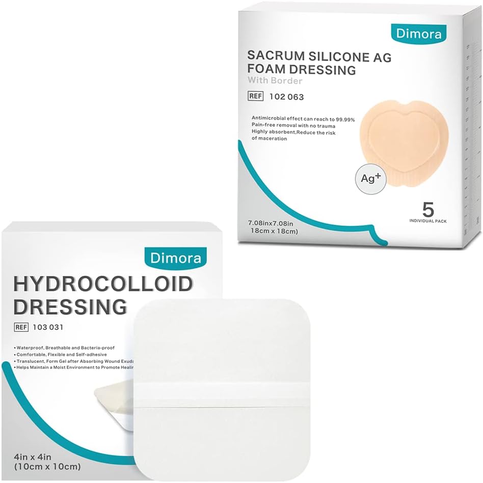 Hydrocolloid Wound Dressing, 10 Pack Ultra Thin 4 "x 4" + Ag Silver Sacrum Foam Wound Bandages Sicone Adhesive Border 7 "x7"