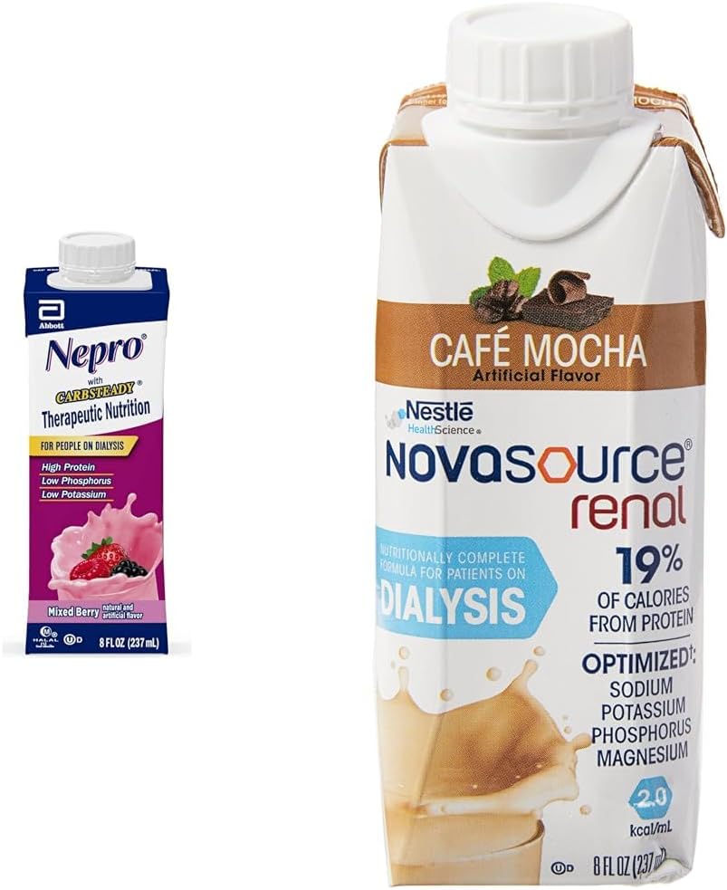 Nepro Nutrition Shake for Dialysis Patients with 19g Protein, 420 Calories, Mixed Berry, 24 Count and NOVASURCE Renala for Dialysis Patients with 475 Calories, 22g Protin, Mocha, 24 Count