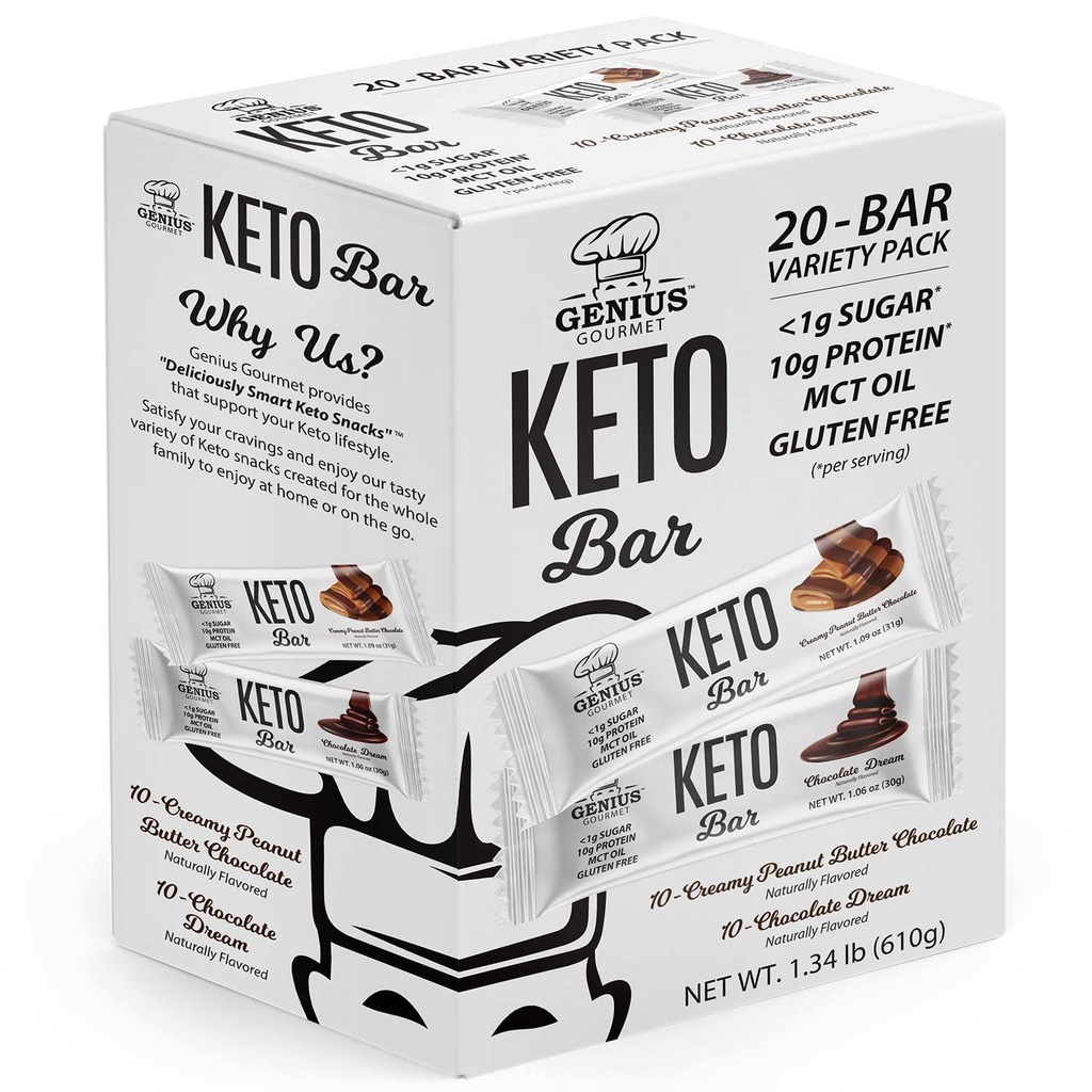 Genius Gourmet Gluten Free Keto Protein Bar, Chocolate Keto Bars, Premium MCTs, Low Carb, Low Sugar (Variety Pack, 20 Count (Paket 1))