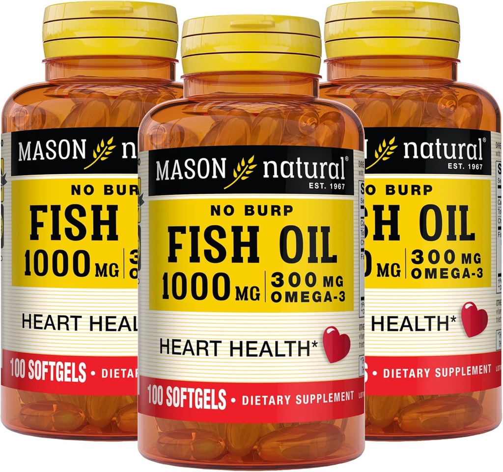 Mason Natural No Burp Fish Oil 1000 mg Omega, 3 300 mg, Menyediakan Kesehatan Jantung Normal, 100 Softgels (Paket 3)