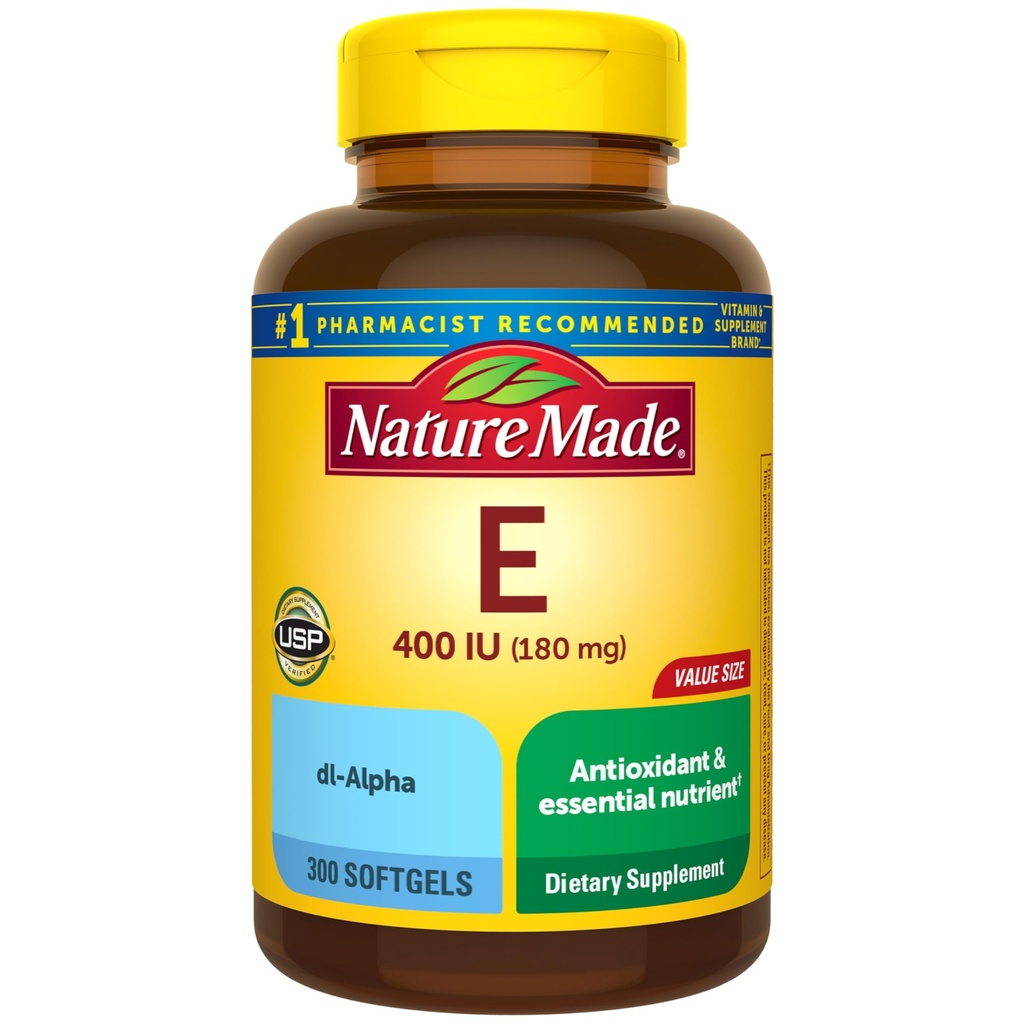 Nature Made Vitamin E 180 mg (400 IU) dl- Alpha, Dietary Supplemen Antioksidant, 300 Softgel, 300 Hari Supply