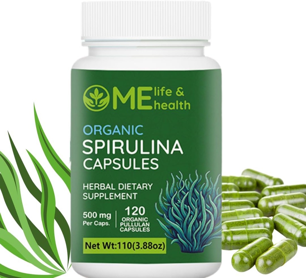 ME LIFE & HEALTH Spirulina Kapsul, 100% bubuk spirulina organik (120) 500mg Kaya dalam Protein, AA, B12 Antioksidan & Vitamin, Vegan, Natural and Pure spirulina Nor-GMO & Gluten Bebas