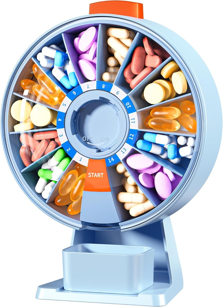 Zoksi Large Pill Organizer, Kotak Pil Harian selama 7 atau 14 Hari, Wall-Mountable Pill Dispenser Hold for Medicine, Vitamin atau Suplemen, Kasus Pil Mingguan dengan Easy Press Button (Biru)