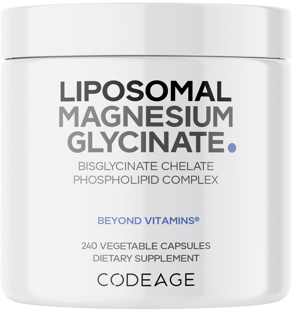 Codeage Lipomal Magnesium Glycinate Suplement, 2-Month Supply, Bisglycinate Magnesium Chelle, Magnesium Mineral Pills, BioPerine Black Pepper Visuains Capsules, Nor-GMO Vegan, 240 ct
